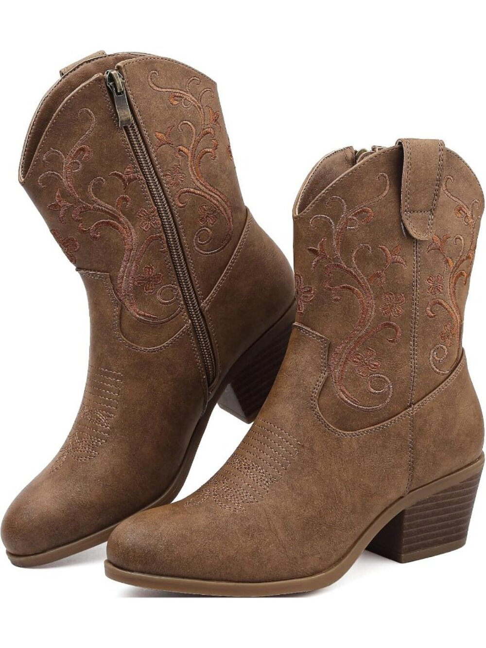 Women’s Western Short Cowgirl Ankle Boots Brown with Embroidered Side Zipper